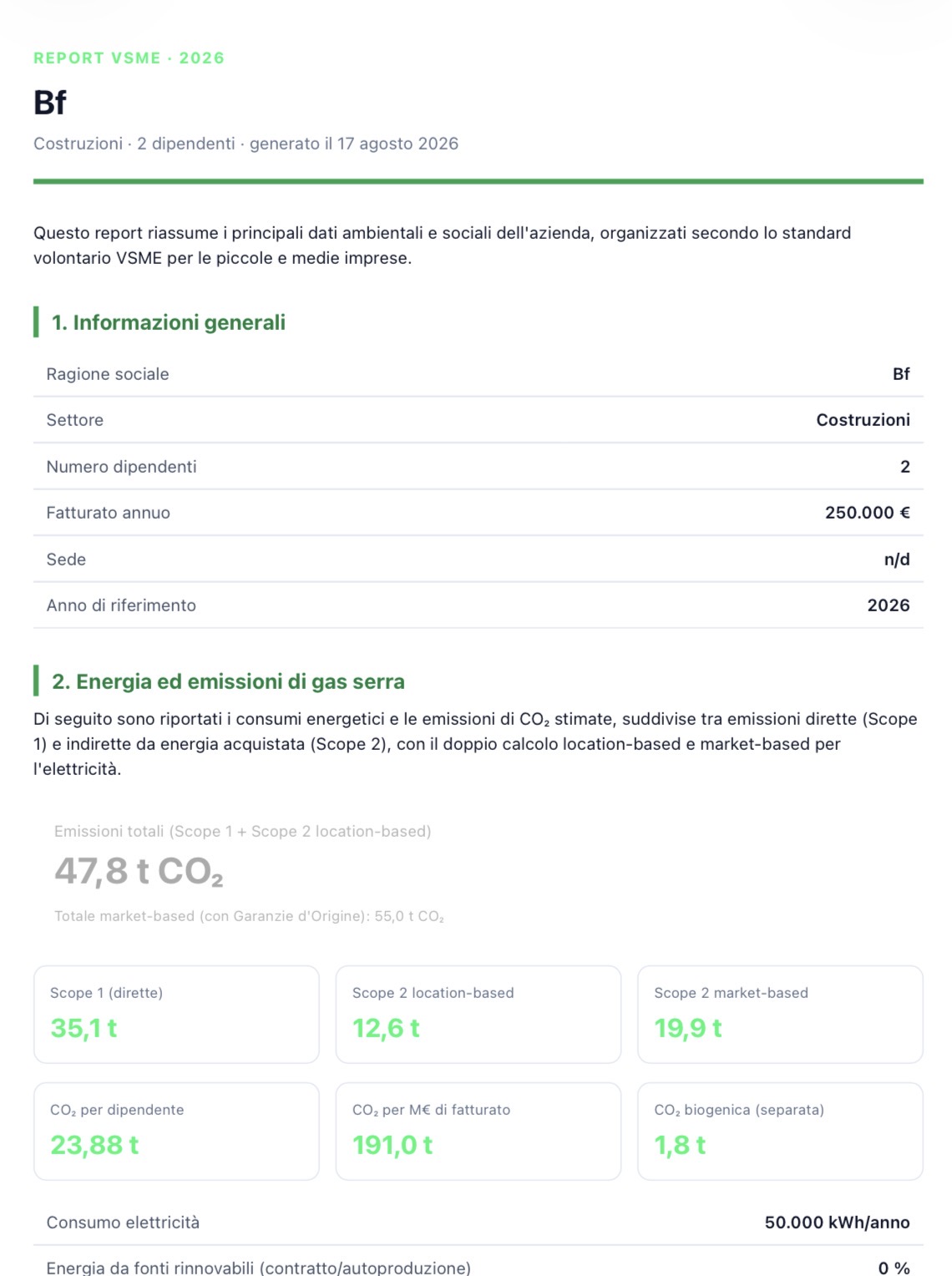 Esempio di report VSME generato da Ecobilancio
